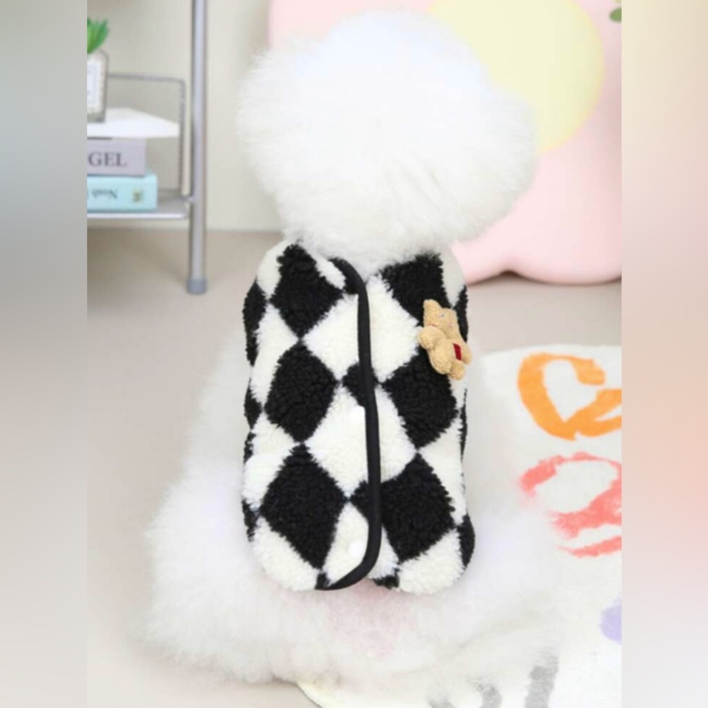 Black/White Diamond Fleece Crew Neck Sleeveless Dog Vest W/Bear | New | Small